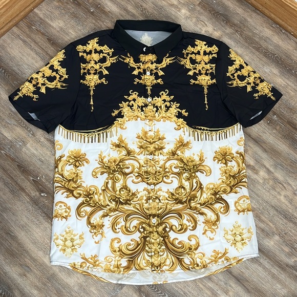 Shein Manfinity Baroque Gold Print Men’s XXL Shirt & Short Set Luxury Statement - Picture 4 of 16